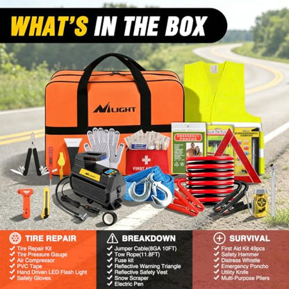 Nilight Car Emergency Kit with Jumper Cable, First Aid Kit Safety Assistance Tools for Travel Camping Outdoor Cars Truck SUV RV, Roadside Essentials with Flash Light - color: Essential Kit+Digi Air Compressor+Tire Fuse kit