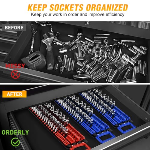 GOOACC Socket Organizer Tray 1/4 inch 3/8 inch 1/2 inch Socket Holder Portable Socket Rail Organizer Trays for Tool Box Drawer Holds 80-Piece SAE Metric Socket Sets, 1Pcs Set Black Rails Blue Clips - size: 1 Set Tray 1/4"3/8"1/2" Blue
