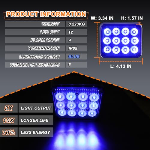 2PCS Rechargeable Flashing Lights 12-LED Blue Beacon Strobe Lights | Battery Powered Warning Emergency Caution Lights, Magnetic Strobe Lights for Trucks Vehicles Trailers Car ATV Van RV SUV - color: Blue