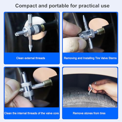 3-Piece Tire Valve Tool Kit for Presta and Schrader | Presta and Schrader removers, 4-in-1 stem puller, 11.6 cm short handle for tire repair - size: Schrader+Presta+10Cores