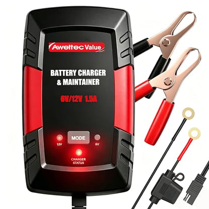 Smart Car Battery Charger,1.5A 6V/12V Maintainer,Automatic Tender Trickle Charger with Memory Function,LED Light,12FT Cables for Vehicle Lead-Acid & Lithium Batteries (Red) - color: Red