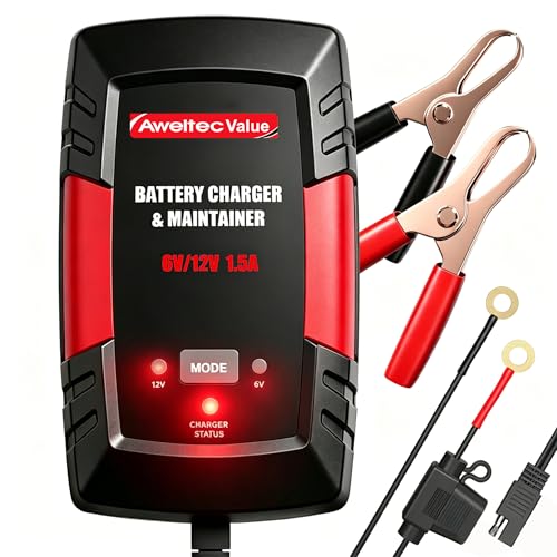 Smart Car Battery Charger,1.5A 6V/12V Maintainer,Automatic Tender Trickle Charger with Memory Function,LED Light,12FT Cables for Vehicle Lead-Acid & Lithium Batteries (Red) - color: Red