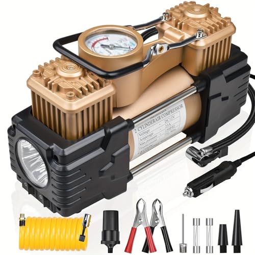 Dual Cylinder Tire Inflator Portable Air Compressor 12 Volt Car Air Pump Car Accessories 150 PSI LED Light, Heavy Duty Off Road for Truck, SUV, Car, RV(GOLD) - color: Gold