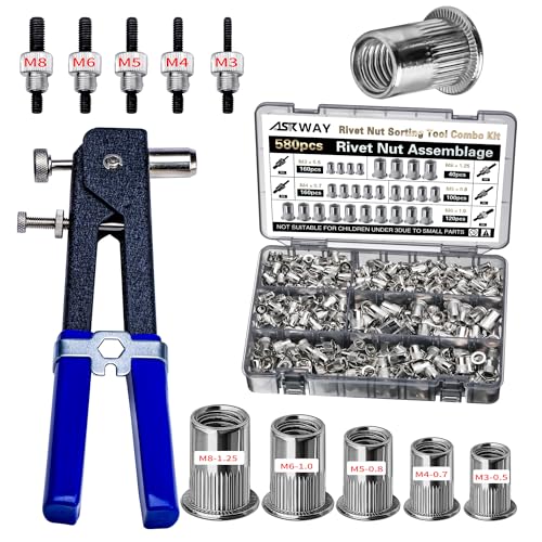 ASKWAY Metric Rivet Nut Tool Set 580pcs Threaded Rivet Nut Tool Kit | Carbon steel rivet nuts (M8, M6, M5, M4, M3), including rivet nut installation tools for easy and quick installation
