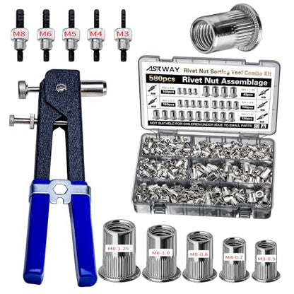 ASKWAY Metric Rivet Nut Tool Set 580pcs Threaded Rivet Nut Tool Kit | Carbon steel rivet nuts (M8, M6, M5, M4, M3), including rivet nut installation tools for easy and quick installation