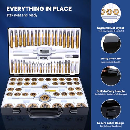 86-Piece Titanium-Coated Tap and Die Set – Professional Threading Tool Kit in SAE & Metric Sizes, HSS Thread Cutting & Rethreading Set for Automotive, Metalwork, Machinery, Plumbing & Repair Projects - size: 86 Pcs Professional Metric&SAE