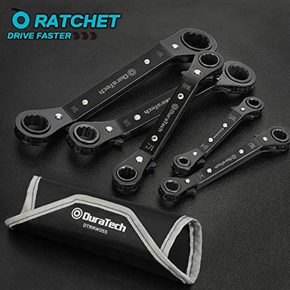 DURATECH 5 Pc Double Offset Box End Reversible Ratcheting Wrench Set, SAE, Heavy-duty, Matte Chrome Plated, Ratchet Spanner Crooked for Narrow Spaces (1/4-7/8 inch) - size: SAE