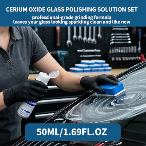 Glass Polish kit,1.69 Fl Oz cerium oxide glass polish compound with polishing brush,glass scratch remove,Oil Film Cleaner,Glass Cleaner, Removes Stains and Water Spots, for Cars Glass and Mirror - size: 1.69 Fl Oz (Pack of 1)