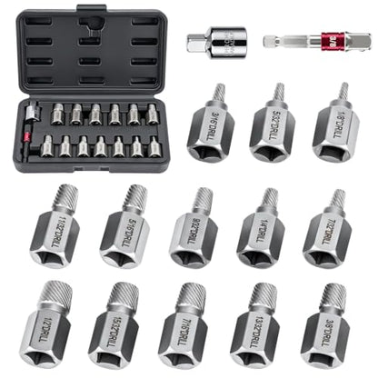 15Pcs Screw Extractor Set, Easy Out Bolt Extractor Kit | Removes damaged bolts/screws easily. 15 sizes 1/8-1/2" w/ adapters. Cr-Mo steel, hex multispline for power/hand tools.