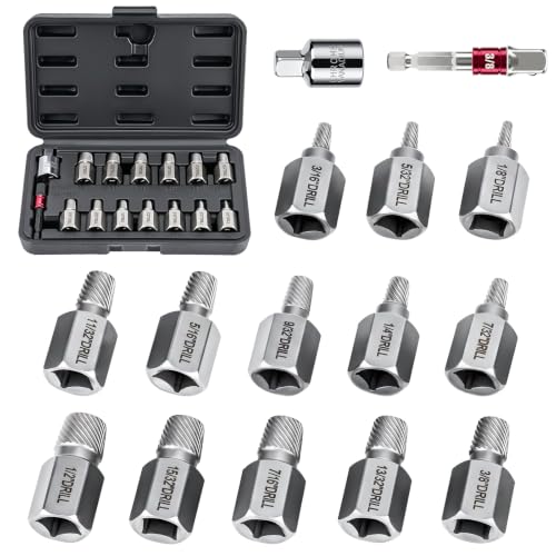 15Pcs Screw Extractor Set, Easy Out Bolt Extractor Kit | Removes damaged bolts/screws easily. 15 sizes 1/8-1/2" w/ adapters. Cr-Mo steel, hex multispline for power/hand tools.