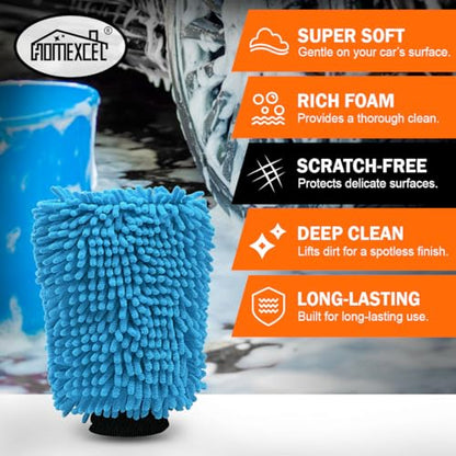 HOMEXCEL Car Wash Mitt, 2PK Chenille Microfiber Wash Mitt, Scratch-Free & Lint-Free, Rich Foam, Highly Absorbent, Double Sided, Perfect for Car Washing and Detailing, 10.2" x 6.7 ", Blue - color: Blue