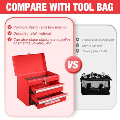 WORKPRO Portable Mini Tool Box, 2 Drawers Metal Tool Chest with Ball Bearing Slides, Top Storage with Latch, Ergonomic Carrying Handle, Mechanic Toolbox with PVC Liners and PP Feet Pads - color: Red