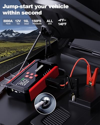 8000A Jump Starter with Air Compressor, 26800mAh Car Battery Jump Starter (All Gas/16.0L Diesel) with 150PSI Auto-Shutoff Tire Inflator, 12V Jump Box with Booster, Jumper Cables, Cigarette Lighter - size: L
