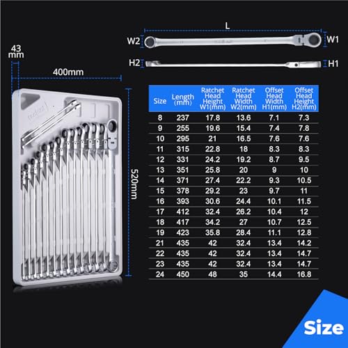 toolant Extra Long Ratcheting Wrench, Flex Head & Fixed Offset Head Double Box End Combination Wrench, CR-V Steel, Metric 15mm - size: 15 mm