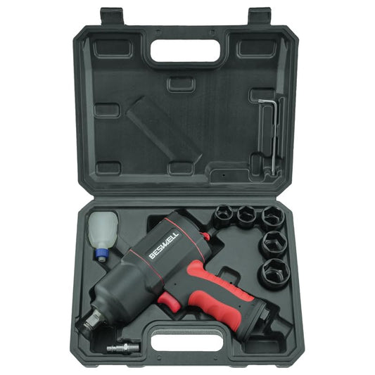 BESWELL 1/2-Inch Air Impact Wrench Set with 1180 Ft-Lbs Max Torque | Powerful twin hammer impact wrench. Comes with 5pcs CR-V steel sockets and carrying case for easy automotive tire service.