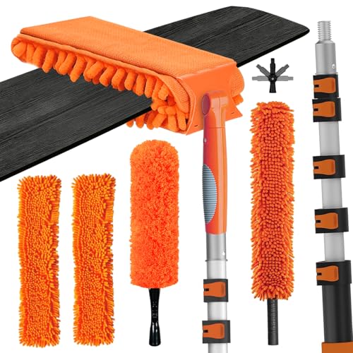 LAANPOLE 30FT Reach Ceiling Fan Cleaner Duster, Fan Blade Cleaner Kit with 5-24FT Extension Pole, Microfiber Duster & Replaceable Cleaning Cloth for Blades, Ceiling, Furniture - size: 24FT