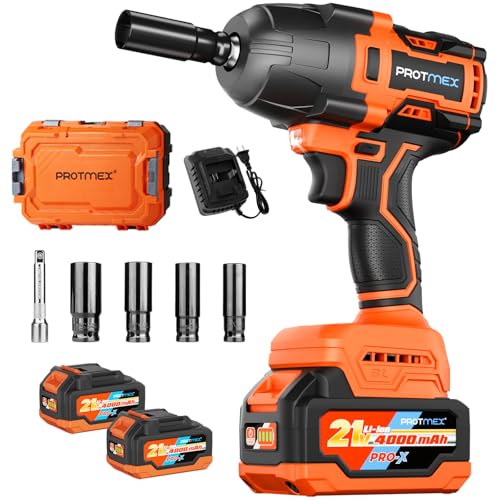 Protmex 900Ft-lbs (1200N.m) Impact Wrench, 1/2" Cordless Impact Driver, 21V High Torque Power Impact Gun - 2x4.0Ah Batteries, Variable Speeds Impact Motor for Pickup Truck/Family Car (Orange Red) - color: Orange Red