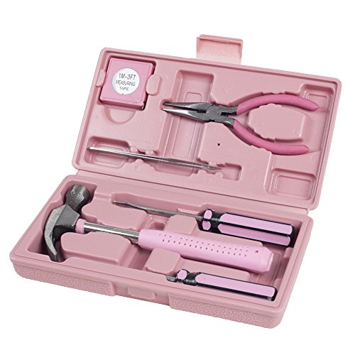 Household Tool Box - 7-Piece Handheld Tool Kit With Hammer, Phillips Screwdrivers, Long-Nose Pliers, Tweezers, and Tape Measure by Stalwart - color: Pink