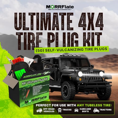 MORRFlate Ultimate 4x4 Tire Plug Kit Heavy Duty Professional Off-Road Tire Repair Kit Includes 50 Vulcanizing Plugs, All-Metal Tools, 4 Replacement Valve Stems, Rip-Away Molle Bag and Accessories