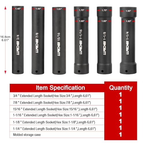 LLNDEI 1/2 Inch Drive Extended Length Impact Socket Set 6PCS Extra Deep Socket Set Include Sizes 3/4", 7/8", 15/16", 1-1/16", 1-1/8", 1-1/4" for High Torque Use
