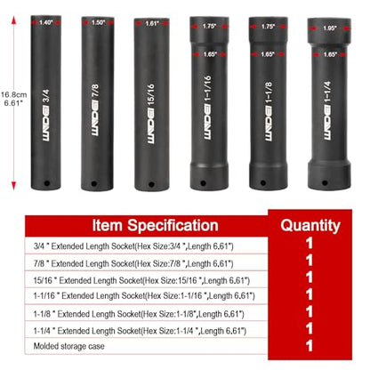 LLNDEI 1/2 Inch Drive Extended Length Impact Socket Set 6PCS Extra Deep Socket Set Include Sizes 3/4", 7/8", 15/16", 1-1/16", 1-1/8", 1-1/4" for High Torque Use