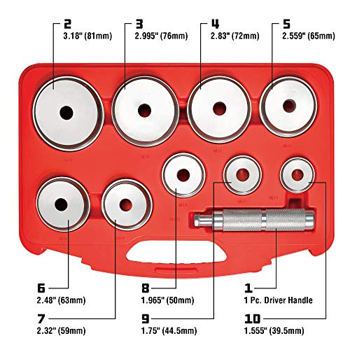 Powerbuilt 10 Pc. Master Bearing Race and Seal Driver Kit – Includes 9 Precision Wheel Inserts (1.565" to 3.180") for Easy Installation and Removal of Races and Seals – 948004