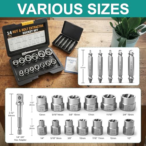 19pcs Bolt Extractor & Screw Extractor Set for Rusted, Stripped, Frozen Broken Screws, Bolts, Nuts Solution for DIY Auto Repair & Home Improvement