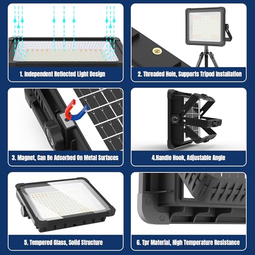 600W Solar 52000MAh Rechargeable Work Light, 600 LED 52000LM Portable Flood Light with Stand＆infinitely dimmable Function, IP66 Waterproof 3 Modes LED Job Site Lighting Flashlights for Mechanic Car - color: Black
