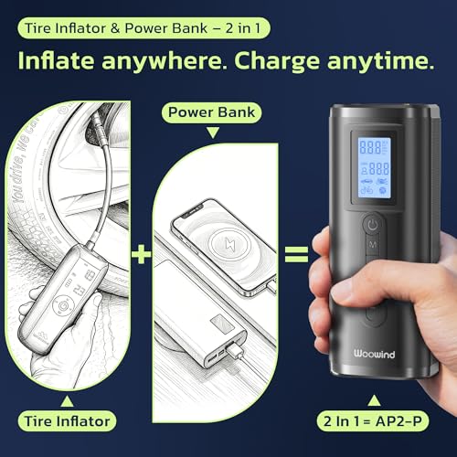 Woowind Tire Inflator & Power Bank 2 in 1 Portable Air Compressor, Electric Bike Pump with Digital Pressure Gauge, Air Pump for Car Tires, Bicycle, Motorcycle, Scooter, Balls (AP2-P)