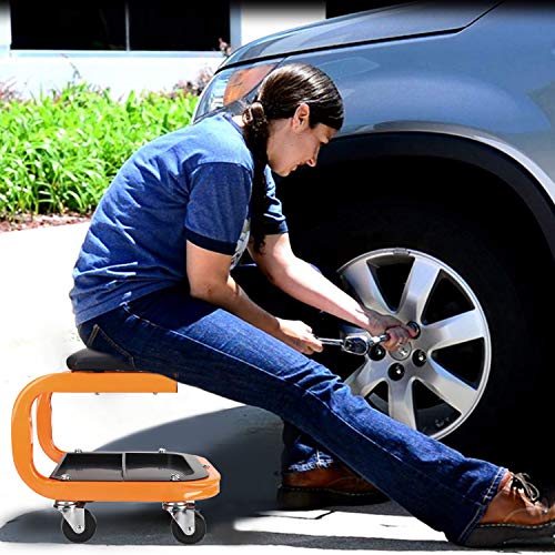 Heavy Duty Rolling Shop Stool, Mechanics Chair with Wheels, 400 LBS | Rolling Stool for Garage with Casters, Mechanics Roller Seat with Segmented Tool Tray and Comfortable Leather Cushion