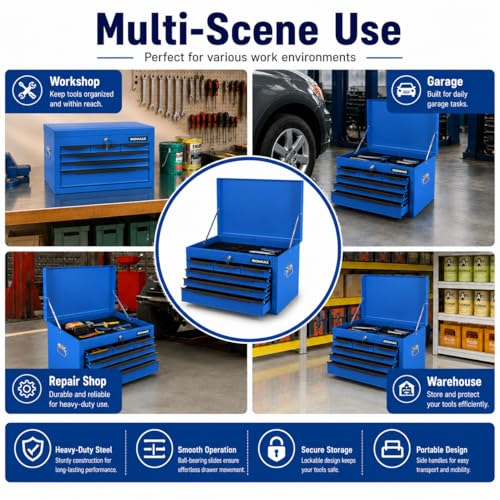 ARNOT Large Metal Tool Box, Tool Box with 6 Drawers & Top Tray, Heavy-Duty Steel Tool Chest with Auto-Locking Drawers and Side Handles for Garage & Workbench (Blue) - color: Blue