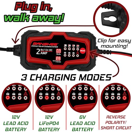 Banshee 12V/6V 2A Automatic Trickle Battery Charger Maintainer for Normal Lead Acid, Sealed, Leisure, AGM, Gel, Deep-Cycle or 12V-Lithium (LiFePO4) Batteries, with IP65 Waterproof