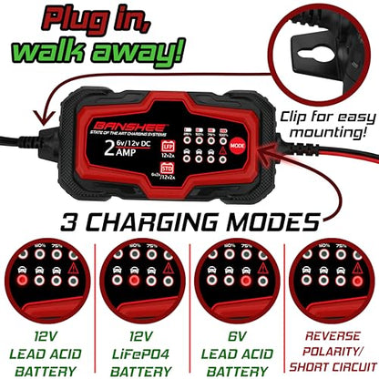Banshee 12V/6V 2A Automatic Trickle Battery Charger Maintainer for Normal Lead Acid, Sealed, Leisure, AGM, Gel, Deep-Cycle or 12V-Lithium (LiFePO4) Batteries, with IP65 Waterproof
