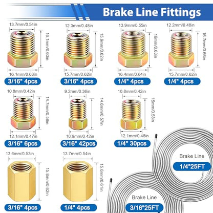 smseace 3/16 Inch+3/16 Inch Brake Line Flaring Tool Kit Include 25 FT Zinc-Plated Brake Line Kit with 94pcs Fittings,8pcs Union,Tubing Bender,Double & Single Flare Tool,Cutter - color: Silver-B, size: 3/16inch+3/16inch