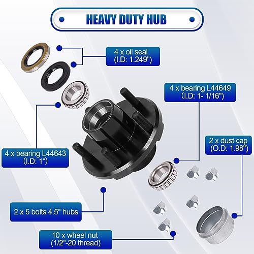 2 Sets Trailer Hub Kit, 5 on 4.5" Bolt Pattern for 2000 lbs Axles, Includes 1" & 1-1/16" Straight Spindle Bearings L44643 L44649, Rust-Resistant Coating, Complete Idler Hub Hardware - size: 5 on 4.5" 2000 lbs