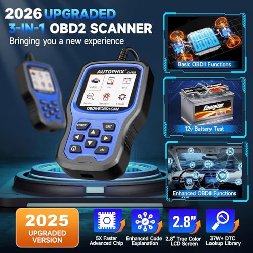 AUTOPHIX OM129P OBD2 Scanner with 12V Battery Test & Live Data | Check engine code reader with I/M readiness, O2/EVAP tests, DTC lookup and lifetime software updates included. - color: OM129-OBD2