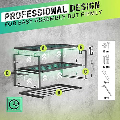 SUNALLY Power Tool Organizer, Heavy Duty Iron, 3 Layers Storage Rack with 4 Drill Holders, Floating Tool Shelf Wall Mounted, Matte Black, Work Shop, Garage, 150Lbs Load Capacity - style: 4 Drill Holders A