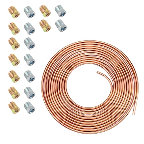 25Ft 5/16 Brake Line Kit with 16PCS Inverted Tube Nuts,Flexible 5/16 Copper Tubing Kit,Copper Coated Car Brakes Line Repair Kits for Hydraulic Fuel Transmission System