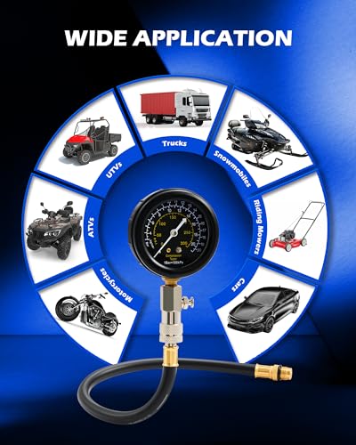 OMT 8pc Petrol Engine Cylinder Pressure Test Kit with 300 PSI Dual Gauge | Strong Metal Adapters; Anti Scratch Glass Cover; Flexible Hose; Auto Mechanic Diagnostics; Fits Cars Trucks And Motorcycles