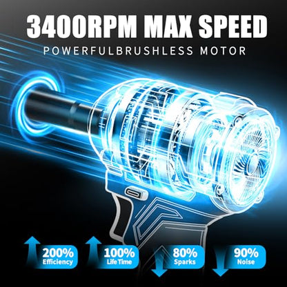 Cordless Impact Wrench, 1/2 Inch Brushless Impact Gun, 3-Speed High Torque Impact Driver with 2×4.0Ah Batteries & Fast Charger for Car Tire Removal, Automotive Repair & DIY