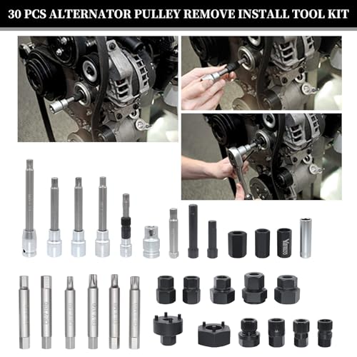 30PCS Alternator Pulley Remove Install & Alternator Decoupler Pulley Tool | Compatible with VW Audi Ford BMW Benz Volvo GM Toyota Buick Chevrolet, Clutch Freewheel Removal Socket Bit Set