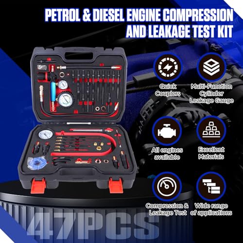 47PCS Compression and Leakage Test Kit Petrol & Diesel Engine Compression Tester Automotive Cylinder Leak Down Tester Kit with Dual Gauge Engine Compression Tester Kit for HDi, TDCi, Pumpe Duse Engine