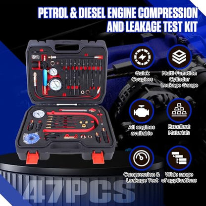 47PCS Compression and Leakage Test Kit Petrol & Diesel Engine Compression Tester Automotive Cylinder Leak Down Tester Kit with Dual Gauge Engine Compression Tester Kit for HDi, TDCi, Pumpe Duse Engine