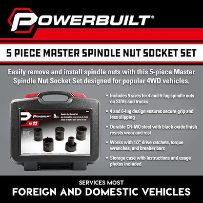 Powerbuilt Spindle Nut Socket Tool Kit, 5 Piece, Remove Spindle Nuts, Various Size Lug Out Spindle Sockets, Size Markings, Storage Case - 648636, Black - style: Spindle Nut Socket Set