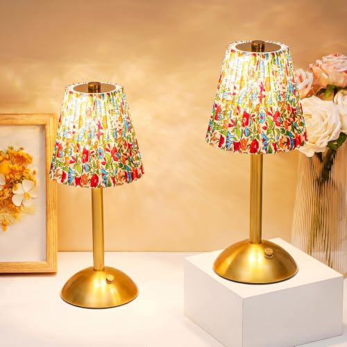 Liliful 2 Pcs Cordless Table Lamp Rechargeable Touch LED Small Gold Portable Battery Operated USB-c Desk Lamp 3 Color Dimmable for Bedroom Living Room Dining (Gold,Floral Style) - color: Floral Style, size: Gold