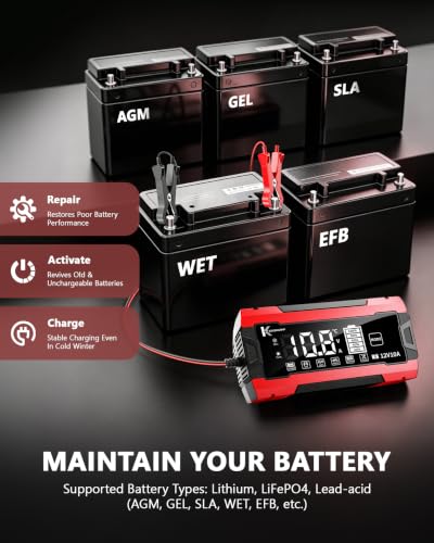 12V 10A Smart Battery Charger for Car and Motorcycle Battery Maintainer & Trickle Charger with Pulse Repair LCD Display Temperature Compensation for AGM Gel SLA Deep Cycle Lead Acid Batteries - color: Red-Black
