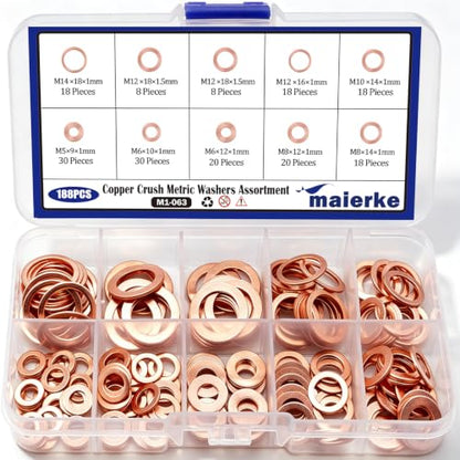 9 Sizes Metric Copper Crush Washers Assortment Kit Crush Washer Oil Drain Plug Crush Washer Assortment M5 M6 M8 M10 M12 M14 - size: 188PCS (M5-M14)