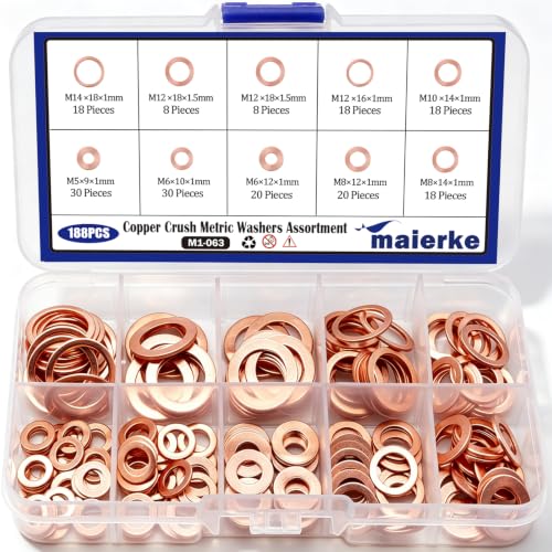 9 Sizes Metric Copper Crush Washers Assortment Kit Crush Washer Oil Drain Plug Crush Washer Assortment M5 M6 M8 M10 M12 M14 - size: 188PCS (M5-M14)