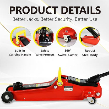2T Low Profile Steel Floor Jack, 4000 lb, Single Pump, 3.3"-15.2" Lift, Red | Heavy-duty steel construction. Single piston quick lift pump. Low profile design. Safety overload protection. - size: 2T Single Pump 3.3"-15.2"(Red)