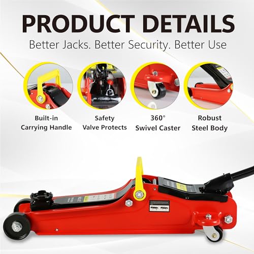 2T Low Profile Steel Floor Jack, 4000 lb, Single Pump, 3.3"-15.2" Lift, Red | Heavy-duty steel construction. Single piston quick lift pump. Low profile design. Safety overload protection. - size: 2T Single Pump 3.3"-15.2"(Red)